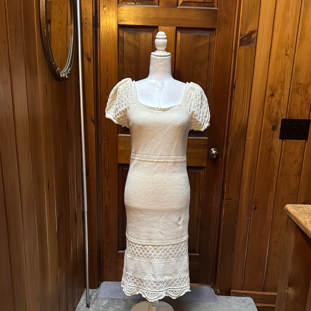 Cream Midi Tiered Ruffled Dress with Puff Sleeves